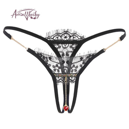 Pearl Pendant Embroidered Crotchless Panty