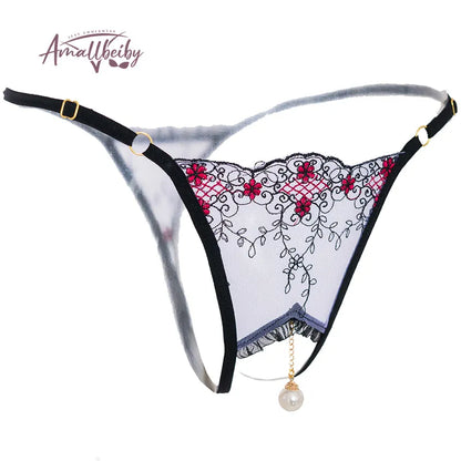 Pearl Pendant Embroidered Crotchless Panty