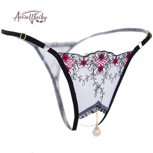 Pearl Pendant Embroidered Crotchless Panty