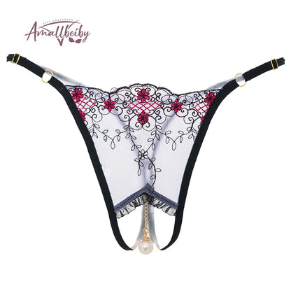 Pearl Pendant Embroidered Crotchless Panty