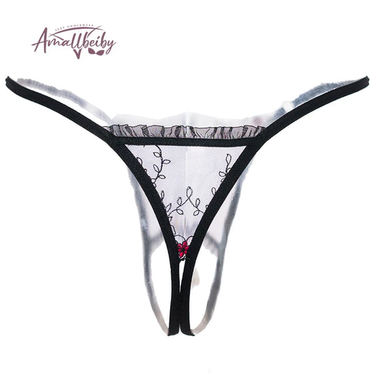 Pearl Pendant Embroidered Crotchless Panty