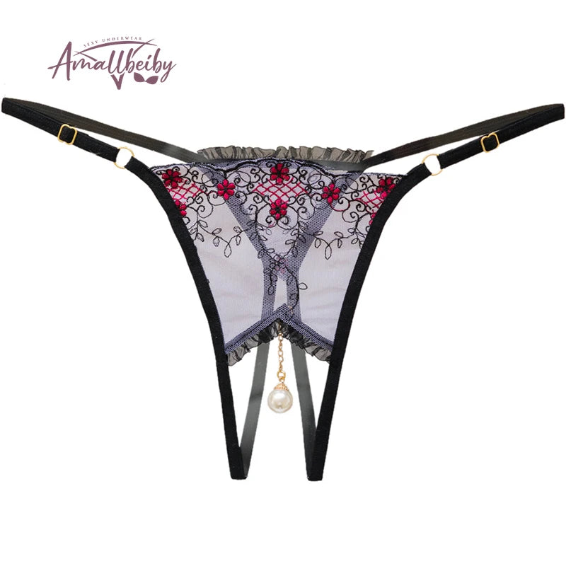 Pearl Pendant Embroidered Crotchless Panty