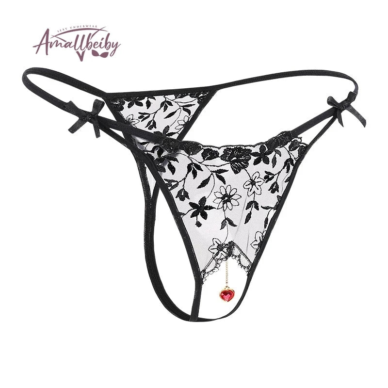 Pearl Pendant Embroidered Crotchless Panty